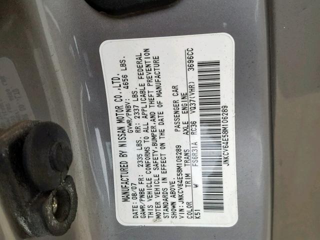 JNKCV64E58M106289 - 2008 INFINITI G37 BASE GRAY photo 10