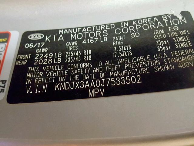 KNDJX3AA0J7533502 - 2018 KIA SOUL ! SILVER photo 10