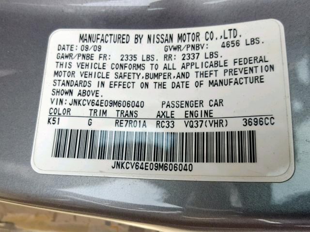 JNKCV64E09M606040 - 2009 INFINITI G37 BASE GRAY photo 10