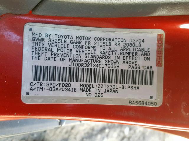 JTDDR32T340176059 - 2004 TOYOTA CELICA GT RED photo 10