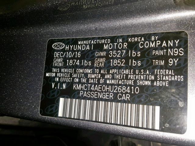 KMHCT4AE0HU268410 - 2017 HYUNDAI ACCENT SE GRAY photo 10