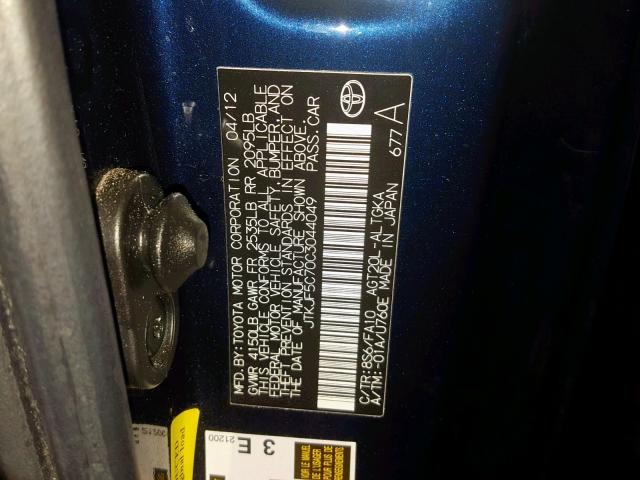 JTKJF5C70C3044049 - 2012 TOYOTA SCION TC BLUE photo 10