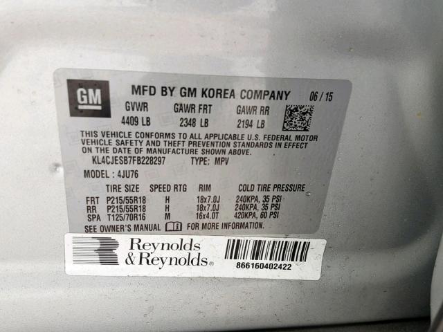 KL4CJESB7FB228297 - 2015 BUICK ENCORE SILVER photo 10