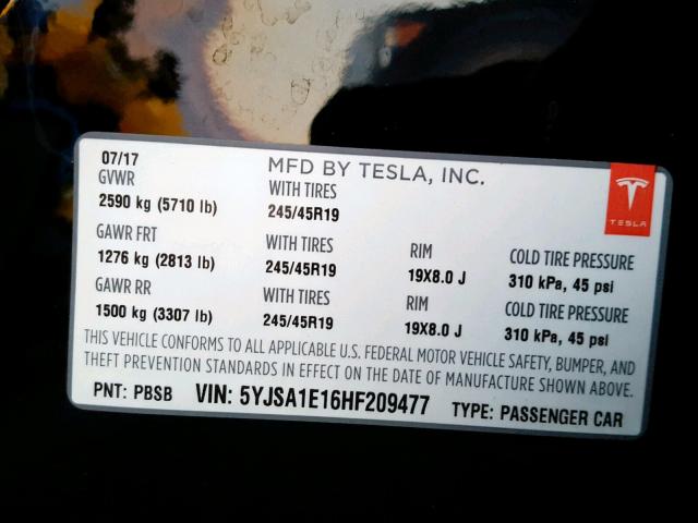 5YJSA1E16HF209477 - 2017 TESLA MODEL S أسود صورة 10