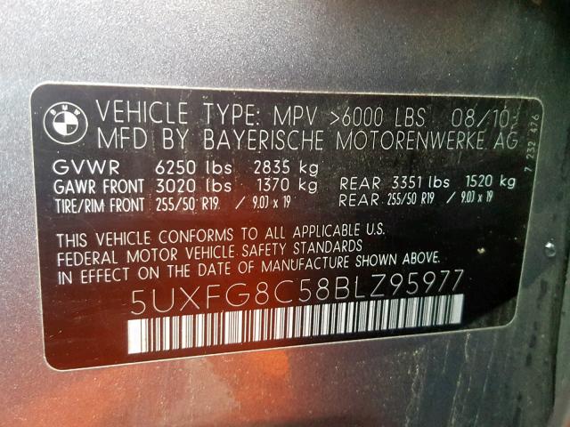 5UXFG8C58BLZ95977 - 2011 BMW X6 XDRIVE5 GRAY photo 10