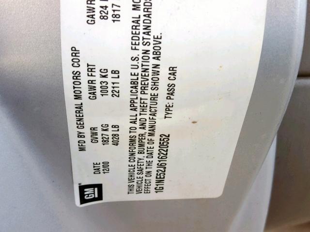 1G1NE52J616220552 - 2001 CHEVROLET MALIBU LS SILVER photo 10