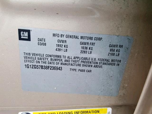 1G1ZG57B38F236943 - 2008 CHEVROLET MALIBU LS BEIGE photo 10