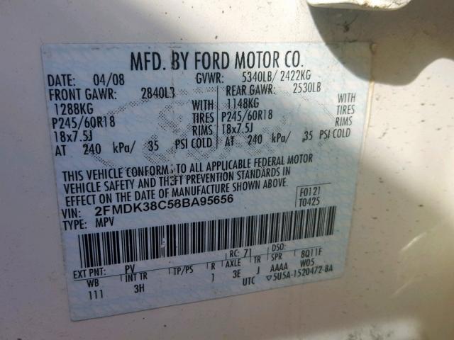 2FMDK38C58BA95656 - 2008 FORD EDGE SEL WHITE photo 10