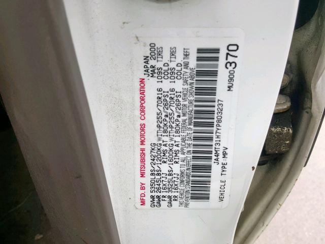 JA4MT31H7YP803237 - 2000 MITSUBISHI MONTERO SP WHITE photo 10