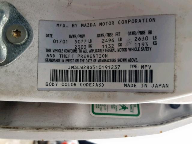 JM3LW28G510191237 - 2001 MAZDA MPV WAGON WHITE photo 10