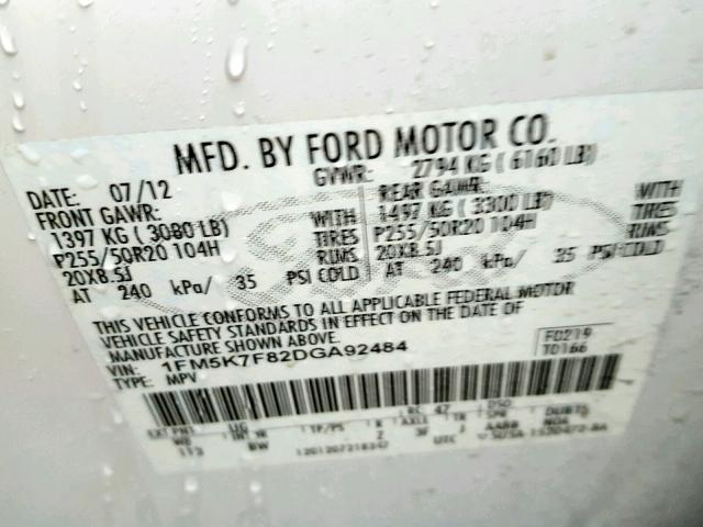 1FM5K7F82DGA92484 - 2013 FORD EXPLORER L WHITE photo 10