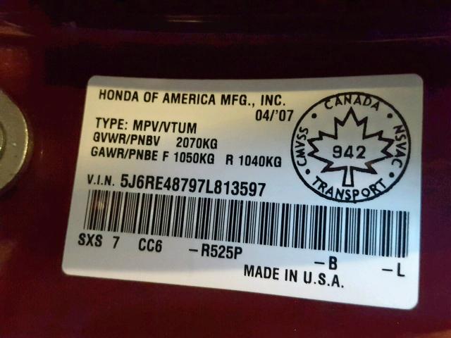 5J6RE48797L813597 - 2007 HONDA CR-V EXL RED photo 10