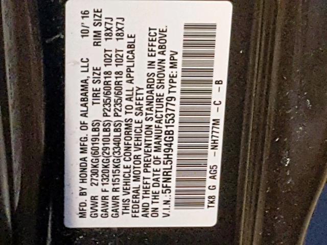 5FNRL5H94GB153779 - 2016 HONDA ODYSSEY TO GRAY photo 10