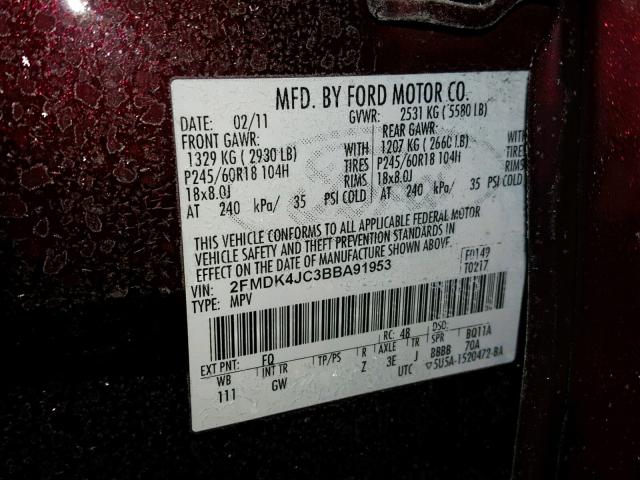 2FMDK4JC3BBA91953 - 2011 FORD EDGE SEL BURGUNDY photo 10