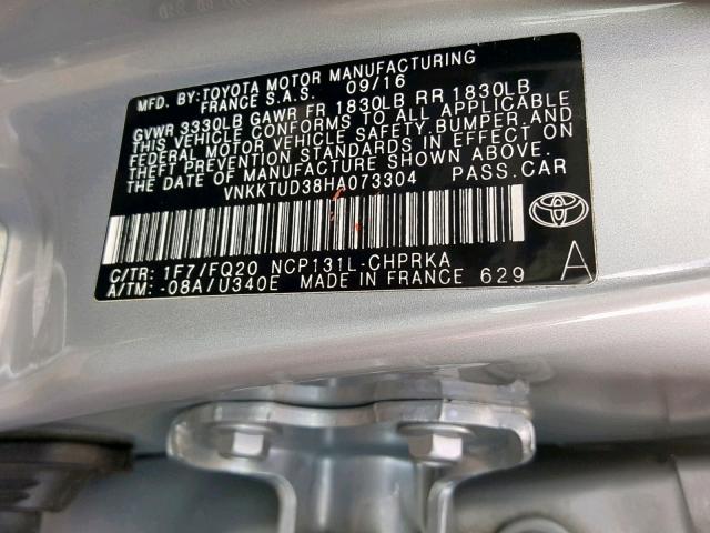 VNKKTUD38HA073304 - 2017 TOYOTA YARIS L SILVER photo 10