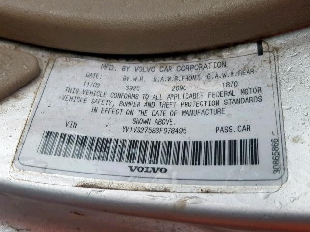 YV1VS27583F978495 - 2003 VOLVO S40 1.9T SILVER photo 10