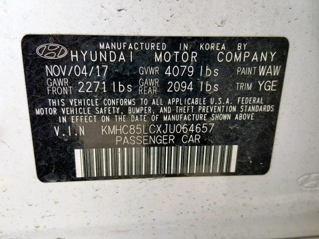 KMHC85LCXJU064657 - 2018 HYUNDAI IONIQ LIMI WHITE photo 10