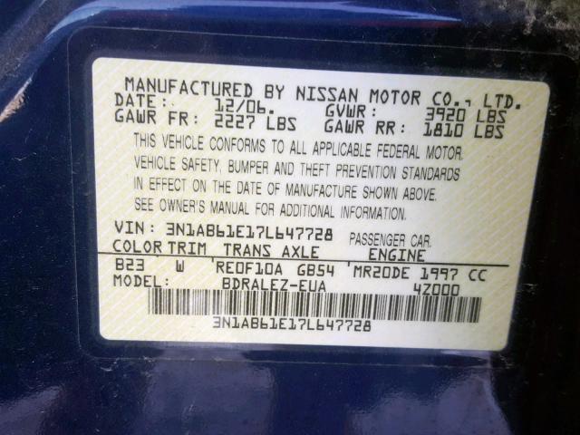 3N1AB61E17L647728 - 2007 NISSAN SENTRA 2.0 BLUE photo 10