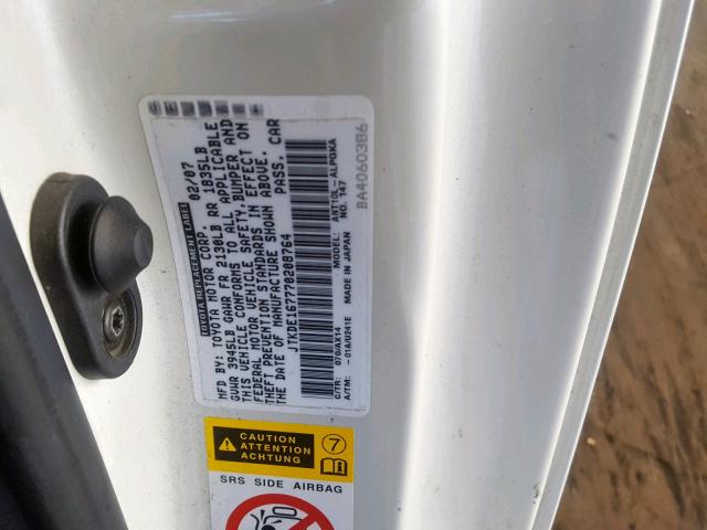 JTKDE167770208764 - 2007 TOYOTA SCION TC თეთრი ფოტო 10