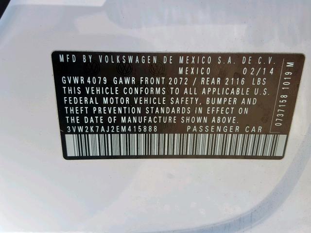 3VW2K7AJ2EM415888 - 2014 VOLKSWAGEN JETTA BASE WHITE photo 10