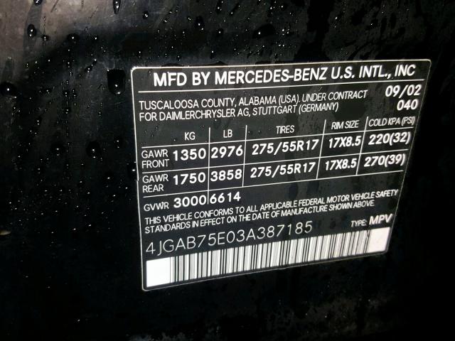 4JGAB75E03A387185 - 2003 MERCEDES-BENZ ML 500 BLACK photo 10