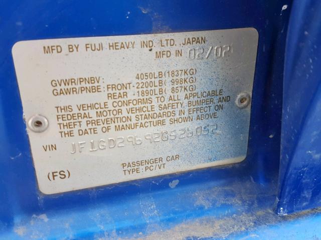 JF1GD29692G526052 - 2002 SUBARU IMPREZA WR BLUE photo 10