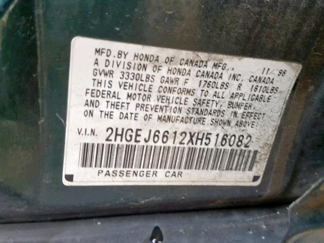 2HGEJ6612XH516082 - 1999 HONDA CIVIC BASE GREEN photo 10