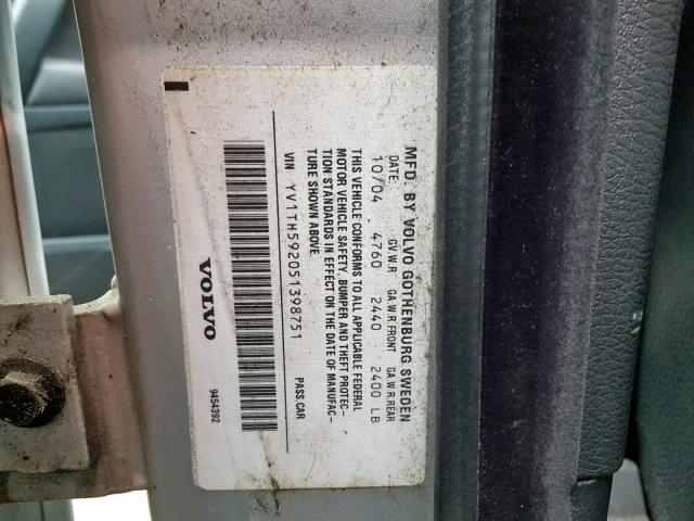 YV1TH592051398751 - 2005 VOLVO S80 2.5T SILVER photo 10