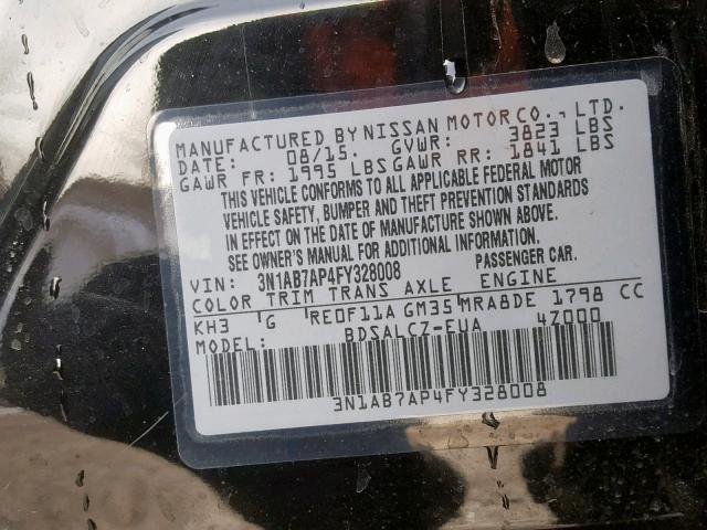 3N1AB7AP4FY328008 - 2015 NISSAN SENTRA S BLACK photo 10