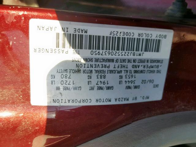 JM1BJ225520637950 - 2002 MAZDA PROTEGE DX BURGUNDY photo 10