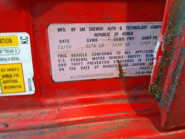 KL1TD66697B756349 - 2007 CHEVROLET AVEO BASE Қызыл фото 10