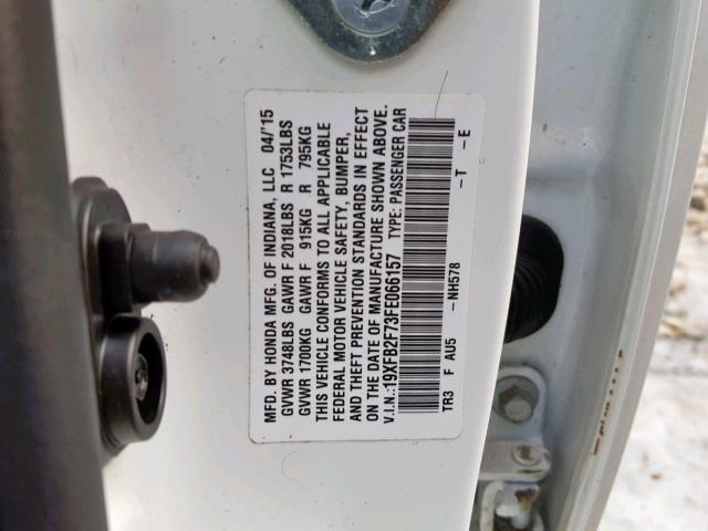 19XFB2F73FE066157 - 2015 HONDA CIVIC SE WHITE photo 10