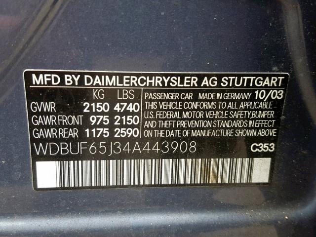 WDBUF65J34A443908 - 2004 MERCEDES-BENZ E 320 BLUE photo 10