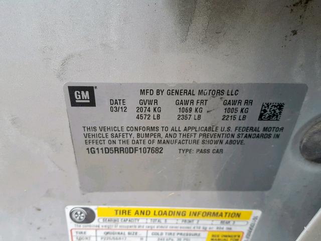 1G11D5RR0DF107682 - 2013 CHEVROLET MALIBU 1LT ვერცხლისფერი ფოტო 10