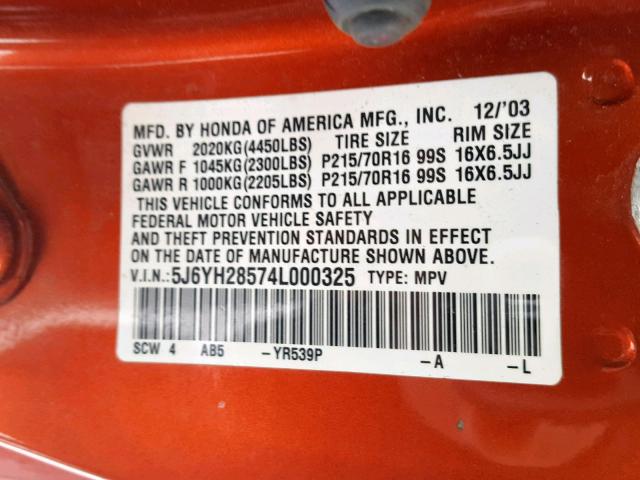 5J6YH28574L000325 - 2004 HONDA ELEMENT EX ORANGE photo 10