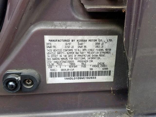 1N4DL01D9WC192655 - 1998 NISSAN ALTIMA XE GRAY photo 10