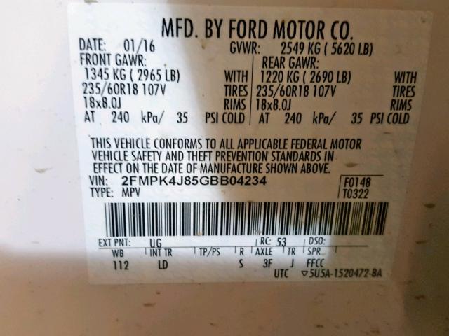 2FMPK4J85GBB04234 - 2016 FORD EDGE SEL WHITE photo 10