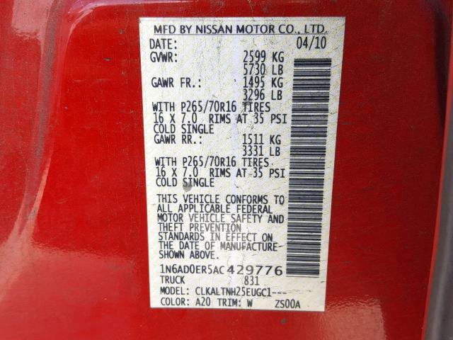 1N6AD0ER5AC429776 - 2010 NISSAN FRONTIER C RED photo 10