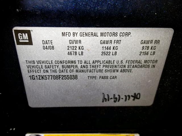 1G1ZK57708F255038 - 2008 CHEVROLET MALIBU LTZ BLUE photo 10