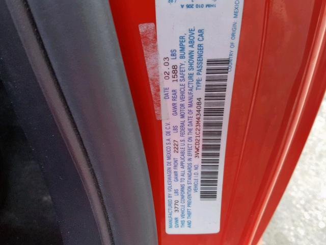 3VWCD21C23M434084 - 2003 VOLKSWAGEN NEW BEETLE RED photo 10