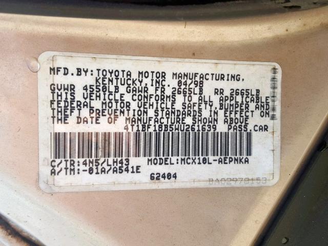 4T1BF18B5WU261639 - 1998 TOYOTA AVALON SILVER photo 10