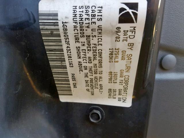 1G8AG52F43Z101163 - 2003 SATURN ION LEVEL SILVER photo 10