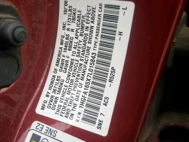 1HGFA165X7L015843 - 2007 HONDA CIVIC LX RED photo 10