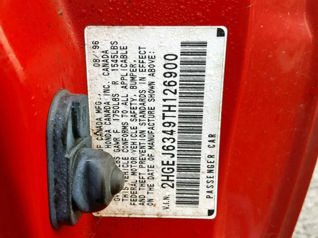 2HGEJ6349TH126900 - 1996 HONDA CIVIC DX RED photo 10