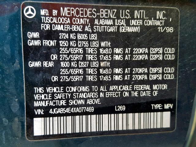 4JGAB54E4XA077469 - 1999 MERCEDES-BENZ ML 320 GREEN photo 10