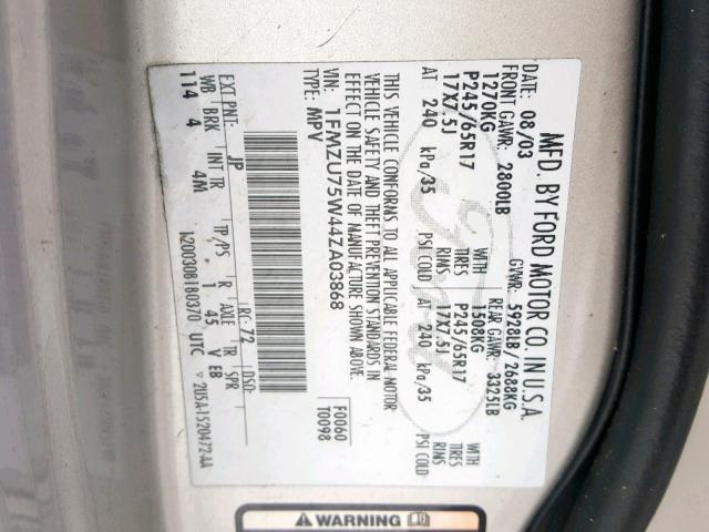 1FMZU75W44ZA03868 - 2004 FORD EXPLORER L SILVER photo 10