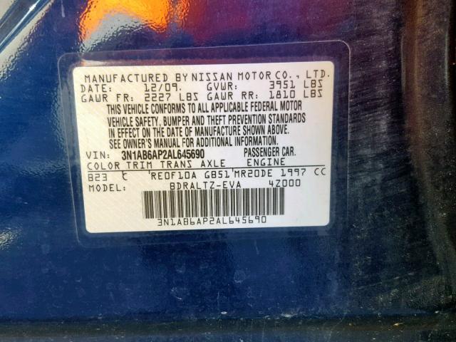 3N1AB6AP2AL645690 - 2010 NISSAN SENTRA 2.0 BLUE photo 10