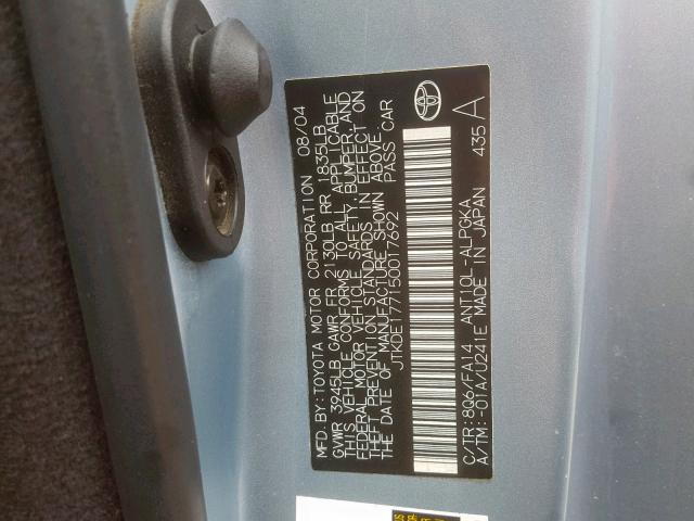 JTKDE177150017692 - 2005 TOYOTA SCION TC ლურჯი ფოტო 10