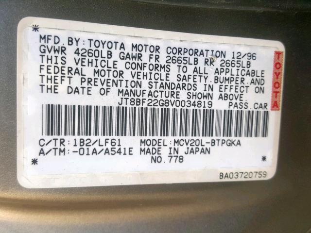 JT8BF22G8V0034819 - 1997 LEXUS ES 300 BLACK photo 10