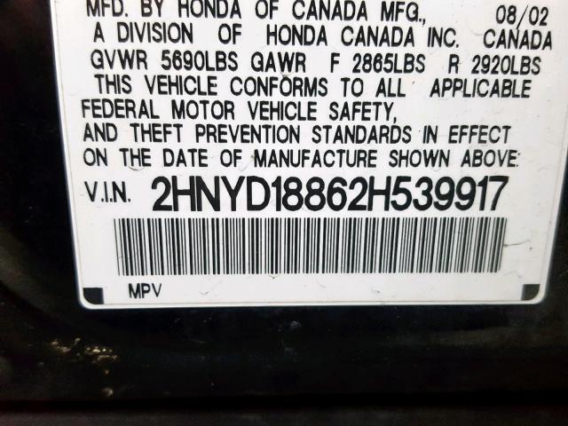 2HNYD18862H539917 - 2002 ACURA MDX TOURIN BLACK photo 10